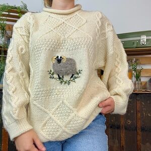 Blarney Woollen Mills Cream Knit FISHERMAN RAM Sweater WOMEN SIZE S